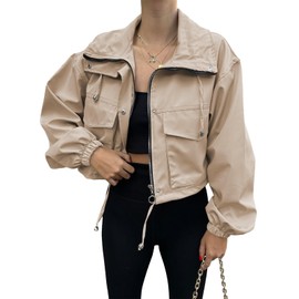 Tankaneo Womens Cropped Jacket Zip Up Lightweight Oversized Utility Anorak Coat with Pockets