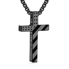 Lydow Cross Necklace for Men Boys Black American Flag Bible Verse Stainless Steel Pendant Religious Christian Jewelry Gifts Teen Son Him 8-12 Confirmation First Communion Baptism Catholic 1:9