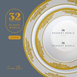 Laura Stein Designer Dinnerware Set | 64 Disposable Plastic Party Bowls | White Plate with Gold Rim & Brushed Grey Accents | Includes 32 x 12 oz Soup Bowls + 32 x 5 oz Dessert Bowls | Traditional