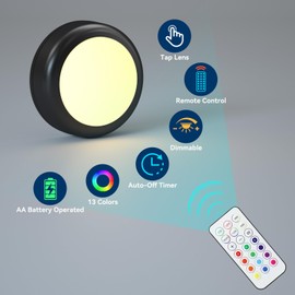 BESTDLCLITE LED Puck Lights with Remote, 13-Color Under Cabinet Lighting Wireless, Battery Operated Stick-On Lights, Dimmable Push Light for Closet/Shelf/Wall (Black-3 Pack)
