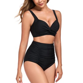 RELLECIGA Women's Two Piece Swimsuits V Neck Twisted Bathing Suits Tummy Control Bikini Set, Black, Small