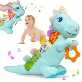 Baby Musical Plush Dino Toy for 0-3-6-12+ Months,Activity Soft with Rattle,Squeaker,Crinkles Sound Paper,Teether & Textures,Infant Dinosaur Tummy Time Toys Gifts for Newborn Toddler Boys (Blue)