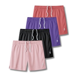 4 Pack: Girls Athletic Shorts with Pockets, 3" Dry Fit Running Shorts for Kids Teens Soccer Basketball (Set 4, Medium)