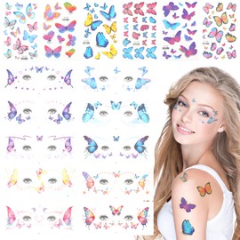 APOMOONS 16 Blatt Temporäre Tattoos Schmetterling Glitzer Face Art Tattoos Sticker Schmetterlinge Geischtstattoos Klebetattoos Gesicht Körper Aufkleber für Karneval Fasching Make Up Musikfestival