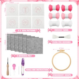 Foilswirl 6 Set Punch Needle Kit Pink Bow Punch Needle Coasters for Beginners Adults Easy Embroidery Craft Kit DIY 6 Style Bow Tie Tufted Rug Pads with Tools Yarns Embroidery Hoop Instruction