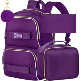 17 Inches Girls Backpack, 3Pcs School Bookbag Set for Teens College Students, Laptop Backpacks with Lunch Box (Deep Purple)