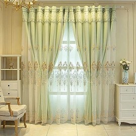 Amidoudou 1 Pair European Curtains with Valance Attached Double Layer Curtains for Living Room Bedroom (Blue,51x84 Inch)