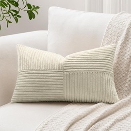 Sungeek Set of 1 Decorative Cushion Cover 30 x 50cm Soft Corduroy Striped Cross Patchwork Textured Pillow Covers Solid Lumbar Throw Pillow Cases for Sofa Bed Patio 12x20 Inch, Neutral Taupe
