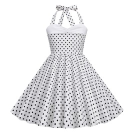 IWEMEK Girls Halter Neck Vintage Polka Dot Dress 1950s Audrey Hepburn Kids 50s Style Wedding Prom Party Rockabilly Swing Retro Sleeveless Casual A line Skater White-Halter 9-10 Years