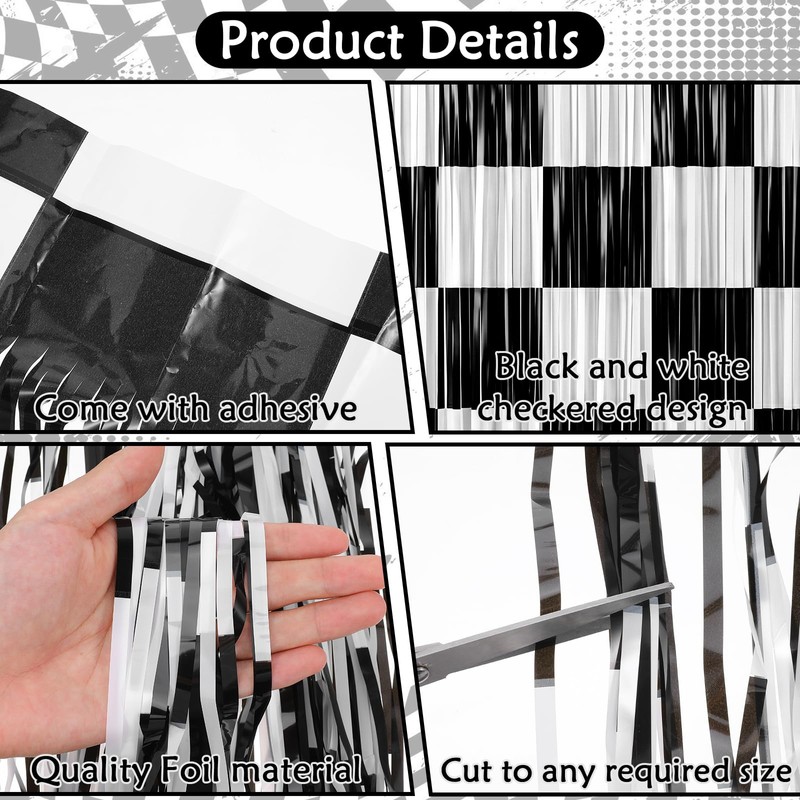 2Pcs Checkered Backdrop- Black White Checkered Backdrop Foil Streamer 1x