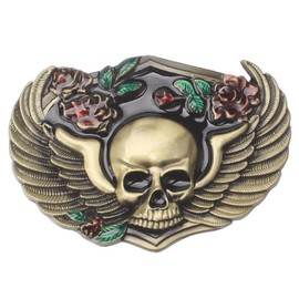 Viking Skull Wings Belt Buckle - Gothic Head With Flower Rose, Western Cowboy, Vintage Punk Rock Style for Men (Gold)