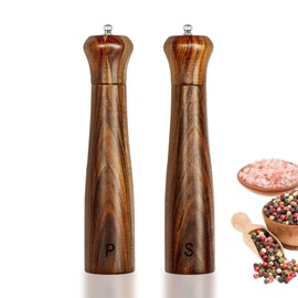 2 Pack Acacia Wooden Salt and Pepper Grinder Set, Manual Salt and Pepper Mills, Salt Grinder Refillable, Pepper mill with Adjustable Coarseness, Salt and Pepper Grinders Shaker Tableware Gifts 10 Inch