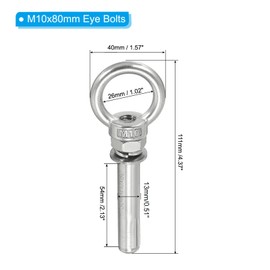 PATIKIL M10x80mm Extended Eye Bolts Pack of 2 304 Stainless Steel Shoulder Anchor Eye Bolt Screw with Eye Ring for Concrete Brick Walls Canopy Engineering Rigging Silver Tone