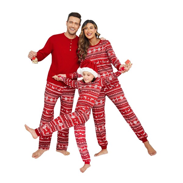 Ekouaer Matching Family Christmas Pajamas Henley Tops with Printed Sleepwear Mens Pj Lounge Set Red XL