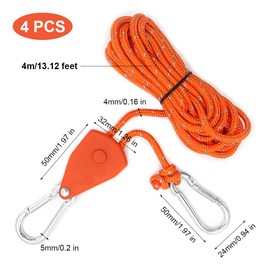 Pack of 4 Guy Ropes with Rope Tensioner, 4 m Adjustable Rope Ratchet with Hook, 4 mm Windproof Rope for Adjusting the Pulley, Tent Cord with Tensioner, Reflective Guy Ropes for Awning