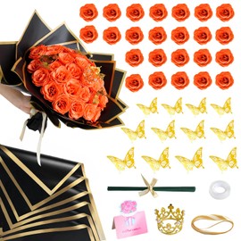 CCYXSHOW DIY Glitter Roses Bouquet Kit -Artificial Orange Rose Bouquet Fall Everlasting Flowers Fake Shiny Bouquet, Anniversary, Engagement, Wedding, Birthday Party Gifts,24 Roses
