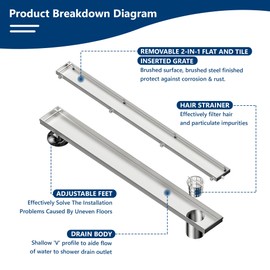 Neodrain 18-Inch Offset Linear Shower Drain with Tile Insert Grate Cover, Brushed 304 Stainless Steel Rectangle Side Outlet Shower Floor Drain, Adjustable Leveling Foot, Hair Strainer/Catcher