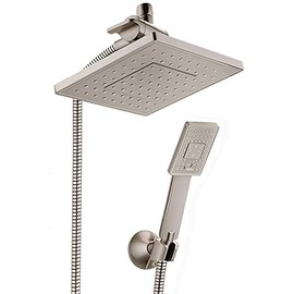 BRIGHT SHOWERS Rain Shower Head with Handheld Spray 5 ft. Shower Hose Combo Includes Wall Mount Suction Bracket, 3-Way Water Diverter Mount (8 Inch Square, Brushed Nickel)