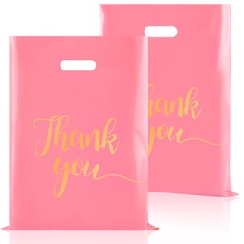 Ohuimrt 100 PCS Thank You Merchandise Bags, Extra Thick 2.36 Mil 12 x 15 Inches Pink Plastic Shopping Bags with Handles for Small Business, Retail Boutique, Stores, Clothes