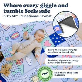 Todale Foldable Baby Play Mat - 50x50 Large Padded Floor Mat for Infants & Toddlers - Non-Slip Educational Activity Mat with Numbers & Animals - Portable Tummy Time Mat for Playpens & Travel