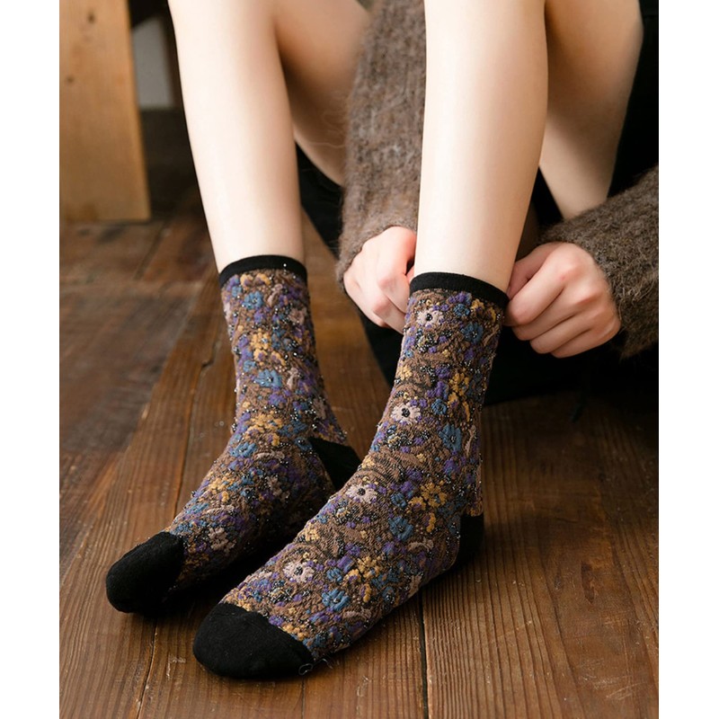 Women's Short Cotton Blend Socks Art Floral Retro Flowers All