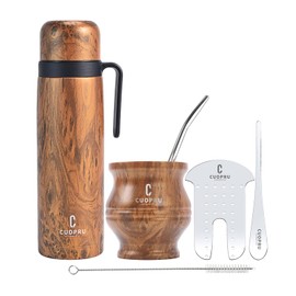 Yerba Mate Cup and Termo Set - Modern Mate Gourd, Thermal Flask, Bombilla and Cleaning Brush Included - All Premium Quality 304 18/8 Stainless Stee (Wood Grain)