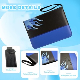 400 Card Binder for Trading Cards, 4-Pocket Card Holder with Zipper & Handle, PU Leather Design Album for Kids Collectible Card Storage (Blue flames)