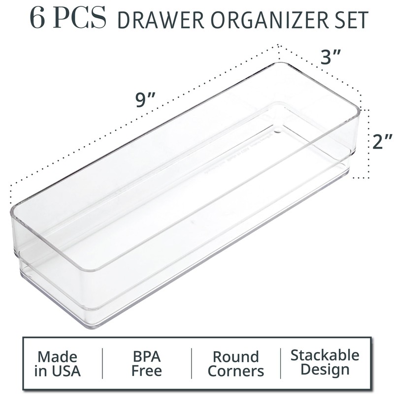 STORi SimpleSort 6-Piece Stackable Clear Drawer Organizer Set | 9"