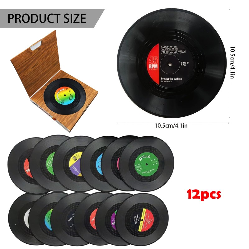 BDSHUNBF Pack of 12 Vinyl Record Coasters, Coasters with Holder,