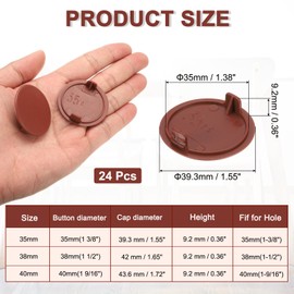 sourcing map 24Pcs Hinge Hole Covers, 35mm(1 3/8") Dia Plastic Concealed Hinge Hole Cover Plug Cap Round Flush Type Caps for Furniture Cabinet Cupboard Wardrobe Dresser, Brown