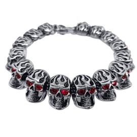 Dream Apparel Mens Stainless Steel Large Skull Bracelet With Red Eyes for Women, Heavy Duty Metal Biker Link Chain Bracelet Silver Color High Polished, M