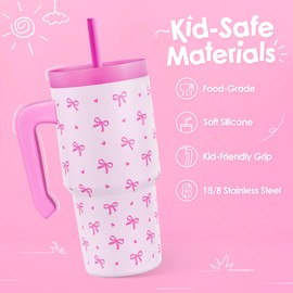 Bow Tumbler 20oz with Handle and Silicone Straw Lid for Kid, Insulated Stainless Steel Cup, Gift for Kids Girls, Gifts Idea for Birthday Christmas Back to School
