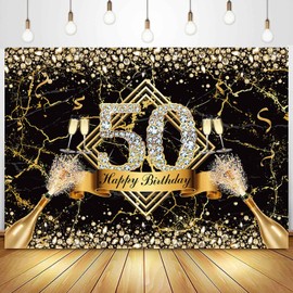Sensfun Happy 50th Birthday Backdrop for Women 50th Birthday Decoration Banner Black Gold Marble Texture Glitter Diamonds Fabulous 50th Birthday Photography Background Supplies Photo Props 7x5ft