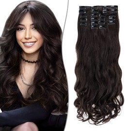 SEGO Clip In Hair Extensions 22 Inch 12PCS Thick Clip In Hair Hairpieces 180g Long Wavy Hair Extension Synthetic Full Head For Women, Dark Brown