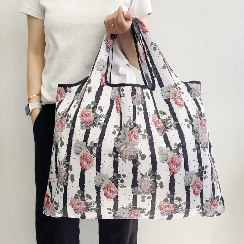 allydrew Large Foldable Tote Nylon Reusable Grocery Bags, Rose &