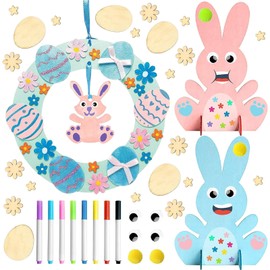 17Pcs Easter Wreath Kits, Wooden Hanging easter crafts Kits, Bunny Wreath Kits Arts Crafts for Kids DIY Boys Girls Make Your Own Easter Decorations Creative Gift Party Supplies ﻿
