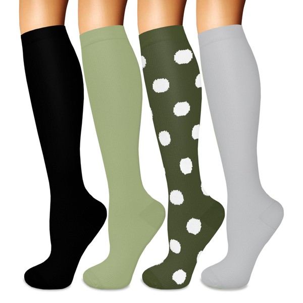 Iseasoo - 4 pares de calcetines de compresión para mujer, el mejor apoyo para enfermeras, correr, atletismo, viajes, 04-Negro/Gris/Verde/Verde, Small-Medium