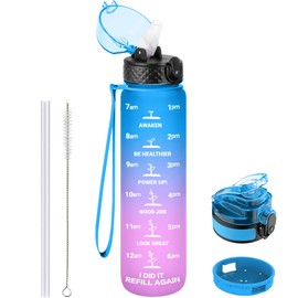 GOPPUS Drinking Bottle, 1 Litre BPA-Free Tritan Water Bottle with Straw, Sports Water Bottle, Leak-Proof with Time Marking and Brush, Sports Bottle for Fitness, School, Yoga, Outdoor (1 Bottle)
