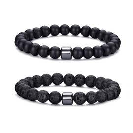 MOROTOLE Mens Beaded Bracelet Tiger Eye 8MM Natural Stone Beads Bracelet Set Adjustable Stretch Lava Rock Bracelets for Men Black Crystal Beaded Bracelets for Men Father Boyfriend Brother Gifts