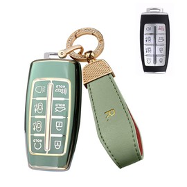 SANRILY Golden-Edge 8 Button Key Fob Cover for Genesis GV80 2021 2022 G80, GV70 Keyless Full Protection Key Fob Case with Leather Keychain Light-Green