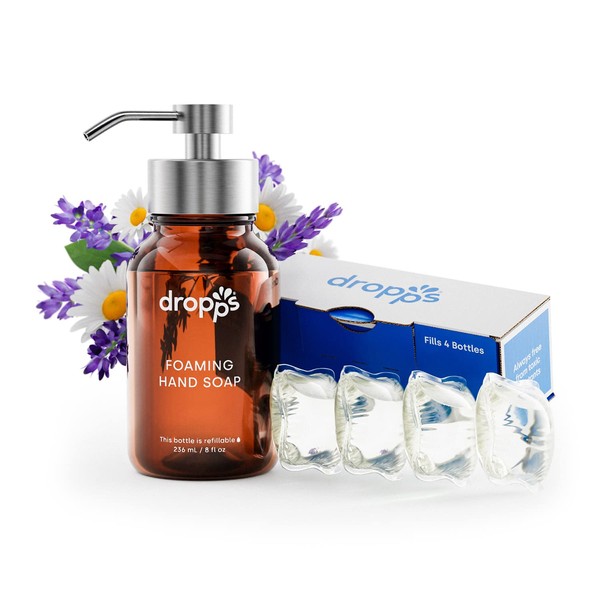 dropps Foaming Hand Soap: Lavender Chamomile (Starter Kit) | With Aloe and Moisturizers | 4 Refill Pods | Powered by Natural Plant-Based Ingredients | Refillable & Recyclable Glass Bottles