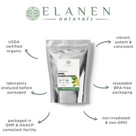 Elanen Naturals Organic Dried Elderflowers 16 oz. (1 lb.), USDA Certified Organic Elder Flower Tea, Flor De Sauco, Whole