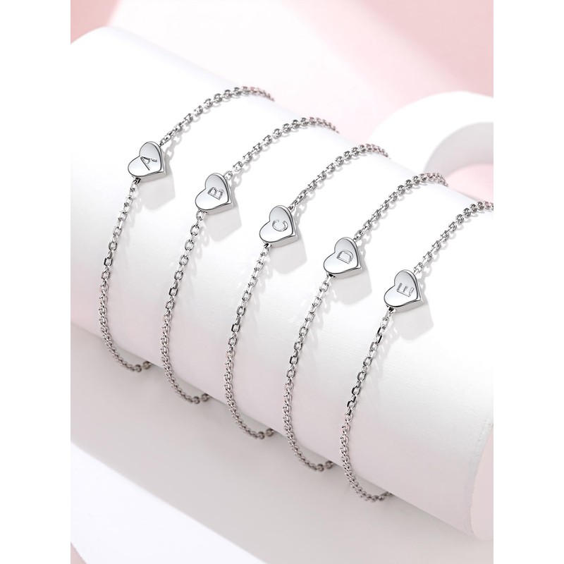Silvora Silver Bracelet for Woman Heart Intials Charm Bracelets Adjustable
