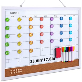 Lincia 41 Pcs Dry Erase Calendar Whiteboard for Wall, 23.6" X17.8" Magnetic Monthly White Board Wall Hanging Wood Frame with Marker & Eraser & Magnetic Numbers for Home Office Kitchen School Planner