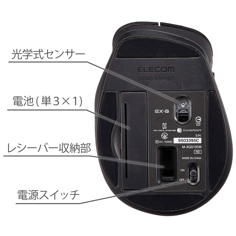 Elecom M-XGM10DBBK Wireless Mouse (Receiver Included), 5 Buttons (With Back/Forward