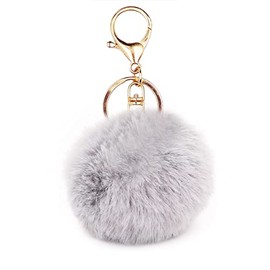 jtkdxqs Pom Pom Keychain Soft Artificial Rabbit Fur Plush Fluffy Ball Key Ring for Women,light gray