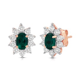 Jewelili 14K Rose Gold Over Sterling Sliver 6x4 MM Oval Created Emerald and 1/20 Cttw Natural White Round Diamond Cluster Stud Earrings, Metal, Created Emerald