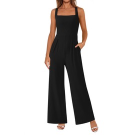 PRETTYGARDEN Summer Sleeveless Jumpsuits for Women Dressy Square Neck Wide Leg Pants Knitted One Piece Rompers with Pockets (Black,Small)