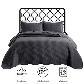 IR Imperial Rooms King Quilt Bedding Set Size (106" x 96") + 2 Pillow Shams (20" x 36"+ 2") - 3 Pcs Summer Season Lightweight Reversible Microfiber Coverlet Embossed Quilt Bedspread (Charcoal)