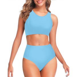 Tempt Me Conjunto de bikini de dos piezas de cintura alta para mujer, traje de baño deportivo con parte inferior para adolescentes y niñas, Azul/claro, S